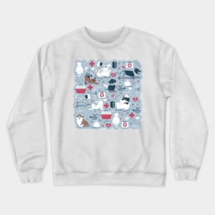 Veterinary medicine, happy and healthy friends // pastel blue background red details navy blue white and brown cats dogs and other animals Crewneck Sweatshirt